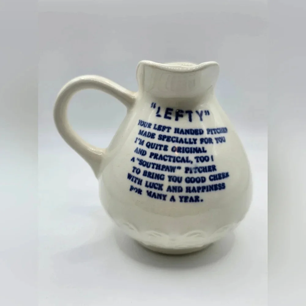 Vintage "LEFTY" Blue Floral Design 8 ounce Ceramic Pitcher 4"x4" - Picture 4 of 7